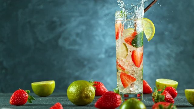 Refreshing strawberry mojito cocktail in a glass on black stone table, macro super slow motion filmed on high speed cinematic camera.