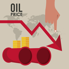 oil price infographic with barrels and arrow down
