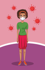 afro woman using face mask with covid19 particles