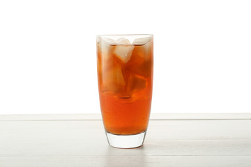 Glass of tasty cold ice tea on white background
