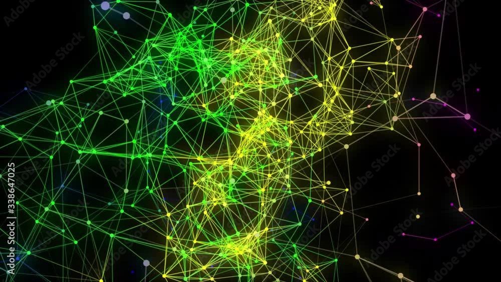 Poster abstract multicolored plexus structure in motion around at black background. 3d. slow motion. geomet