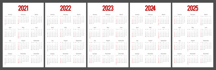 Calendar 2021, 2022, 2023, 2024, 2025 week start Sunday corporate design template. 5 years calendar.