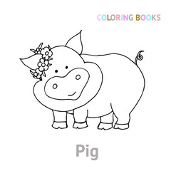 Cute pet - pig. Black and white vector illustration for coloring books