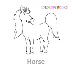Cute pet - horse. Black and white vector illustration for coloring books