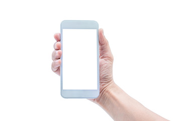 Close-up shot of Man hand holding white mobile smartphone with blank white screen display for mockup isolated on white background with clipping path. Cellphone technology and digital modern.