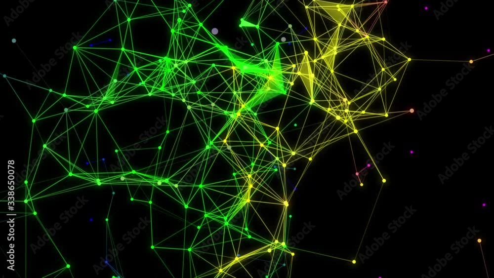 Poster abstract multicolored plexus structure in motion around at black background. 3d. slow motion. geomet
