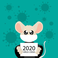 Cartoon rat character holding paper with message 2020 virus crisis. Coronavirus concept. Vector illustration.