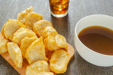 Pempek or empek-empek typical food from Palembang - Indonesia. made from tenggiri fish (Spanish mackerels), flour and other ingredients. 