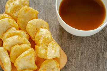 Pempek or empek-empek typical food from Palembang - Indonesia. made from tenggiri fish (Spanish mackerels), flour and other ingredients. 