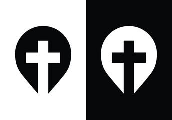 Obraz premium Christian Cross Symbol in Location Pin Black and White Religious Graphic Iconography