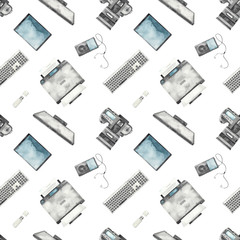 Watercolor seamless pattern with office equipment, camera, printer, audio player, monitor, keyboard on a white background.