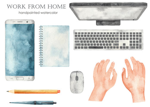 Watercolor set with computer monitor, keyboard, hands, computer mouse, pencil, smartphone, notepad