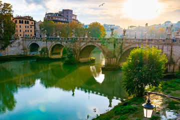 Rome, Italy. Ponte Sant'Angelo (Bridge of Angels) a Roman pedestrian bridge in Vatican City spanning Tiber River. Originally it was known as Pons Aelius (Aelian Bridge) or Bridge of Hadrian.