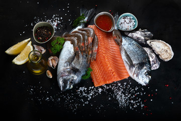 Fresh raw fish and seafood
