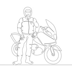 Fototapeta na wymiar A male police motorcyclist in a helmet stands near a motorcycle