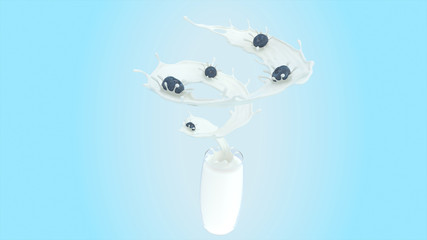 Blueberry drop on milk surface. Milk is spread in a tornado shape. Milk twist. Milk with clipping path, 3d rendering.