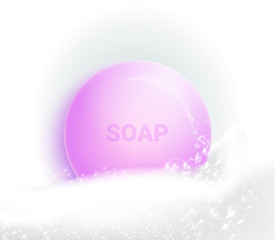 Soap bar with foam and bubbles isolated vector illustration on white background. Soap foam for lather. Vector illustration.