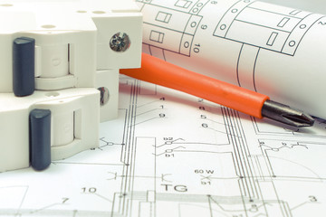 Electrical diagrams, electric fuse and work tools. Drawings for projects engineer jobs