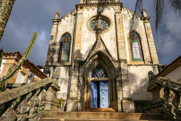 Close up front view of church with in sunlight, Sanctuary Caraca, Minas Gerais, Brazil
