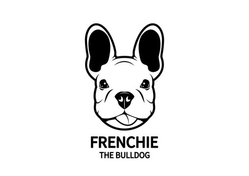 Adorable French Bulldog Head Portrait. Cute Frenchie with bunny ears and cheeky face in black & white logo.