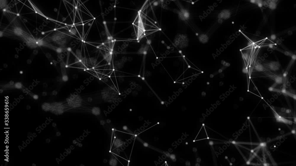 Poster abstract white plexus structure evolving in motion at black background, depth of field.