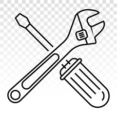 Screwdriver and wrench repair tool vector line art icon on a transparent background.