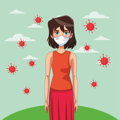 woman using face mask in the park with covid19 particles