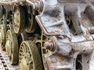 tank caterpillar in city, iron wheels, tank undercarriage close up, metal wheels concept war combat power 9 may victory day parade