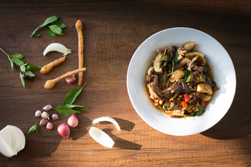 spicy Frog Curry Spices Thai Food Popular Menu on Wood Table in Still Life Style Photography