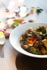 spicy Frog Curry Spices Thai Food Popular Menu on Wood Table in Still Life Style Photography