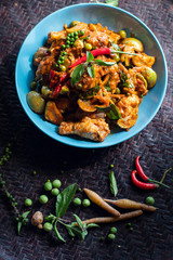 spicy chicken curry Spices Thai Food Popular Menu on Wood Table in Still Life Style Photography