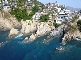 Panoramic view of La Quebrada in Acapulco taken with a drone