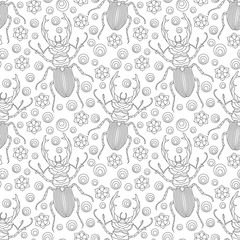 Seamless pattern with beetles deer and flowers, contour insects on a white background