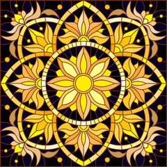 Illustration in stained glass style with floral ornament ,imitation gold on dark background with swirls and floral motif, square image