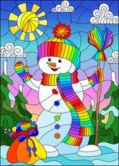Fototapeta na wymiar An illustration in the style of a stained glass window on the theme of winter holidays, a cheerful cartoon snowman in a hat and scarf, against the background of a winter morning landscape