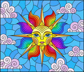 Illustration in stained glass style with fabulous sun with the face on the background of sky and clouds, oval image