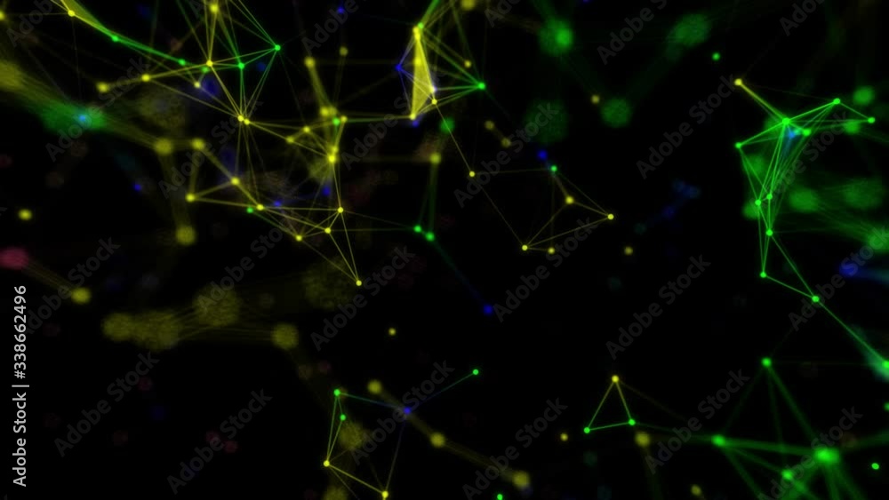 Poster Abstract multicolored plexus structure evolving in motion at black background, depth of field.