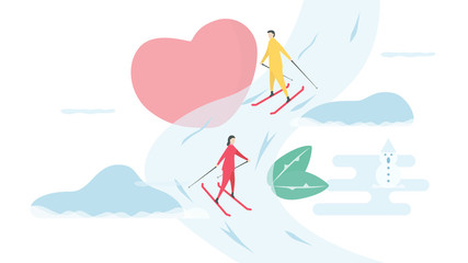Romantic adults couple play ski. Character design of people. Vector illustration in flat style.