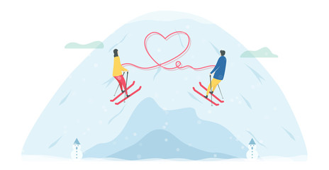 Romantic adults couple play ski. Character design of people in winter season. Vector illustration in flat style.
