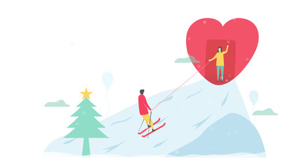 Romantic adults couple play ski. Character design of people in winter season. Vector illustration in flat style.