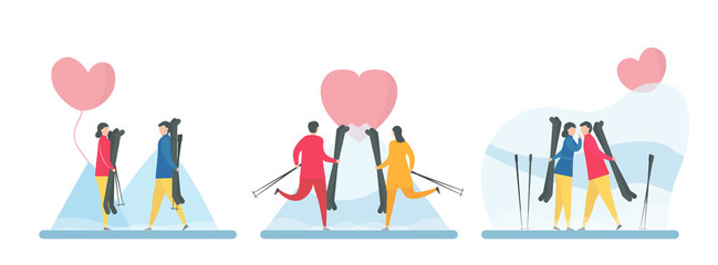 Sets of couple of love play ski in winter season. Character design of people. Vector illustration in flat style.