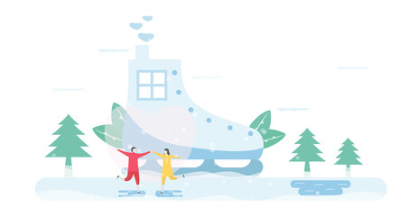 Obraz na płótnie Canvas Lover plays ice skating. Scene is designed for winter season. Vector illustration is in flat style.