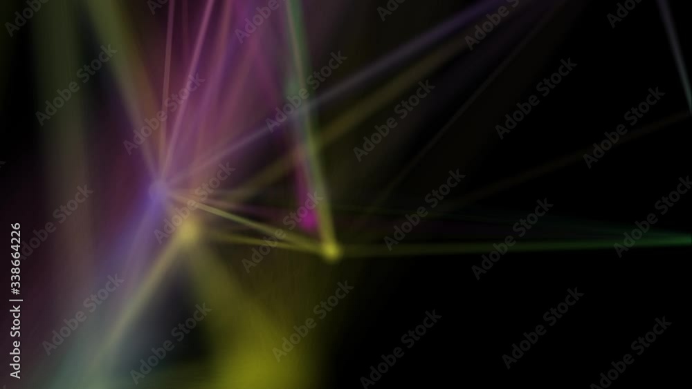 Poster defocused abstract multicolored moving network, dots and lines connecting on black background. slow 