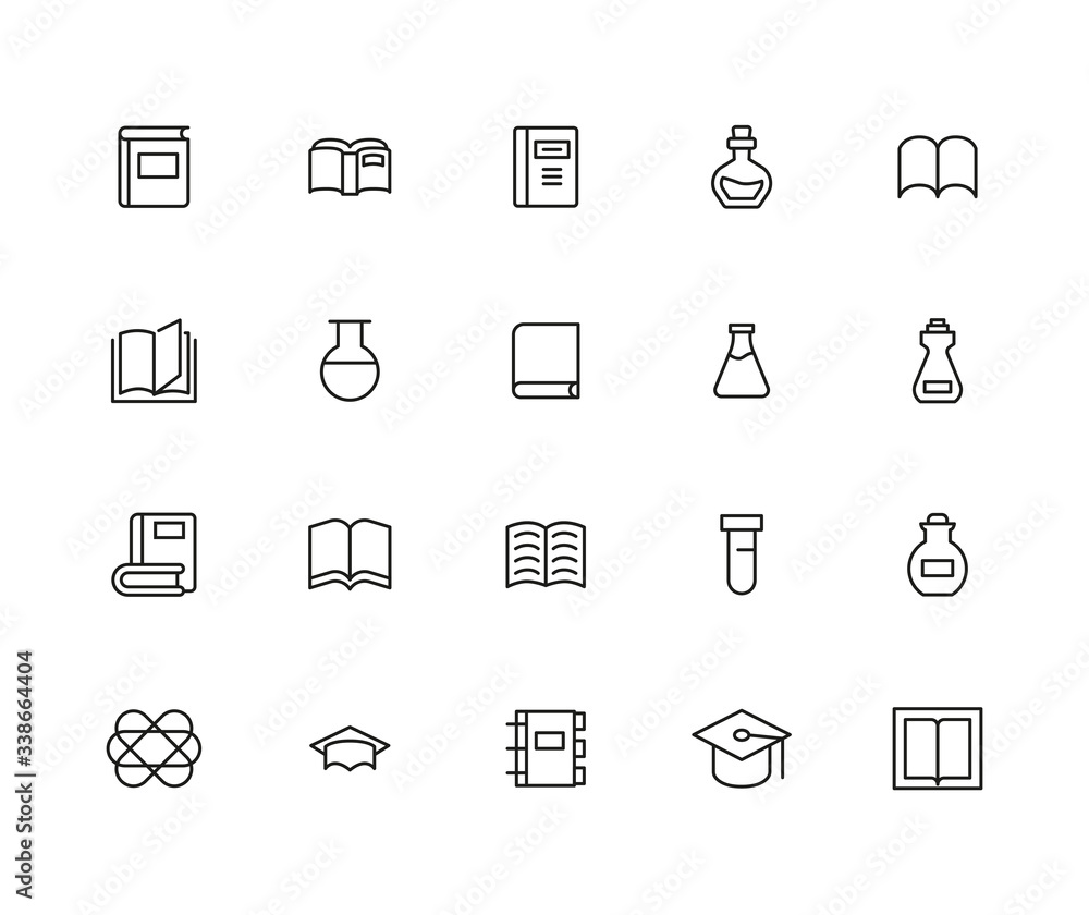 Poster stroke line icons set of science.
