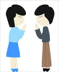 Young women and young men greet each other by paying respect in Thai style.