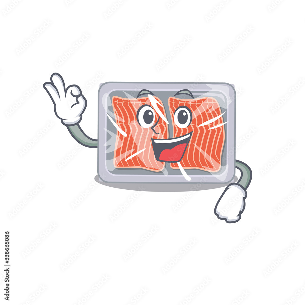 Sticker Frozen salmon mascot design style with an Okay gesture finger