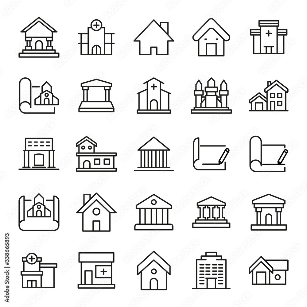 Poster big set of architecture line icons.