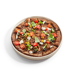 Borodino foccacia with tomatoes, olives and cheese
