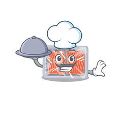 frozen salmon chef cartoon character serving food on tray