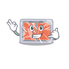 Cartoon design of frozen salmon with call me funny gesture